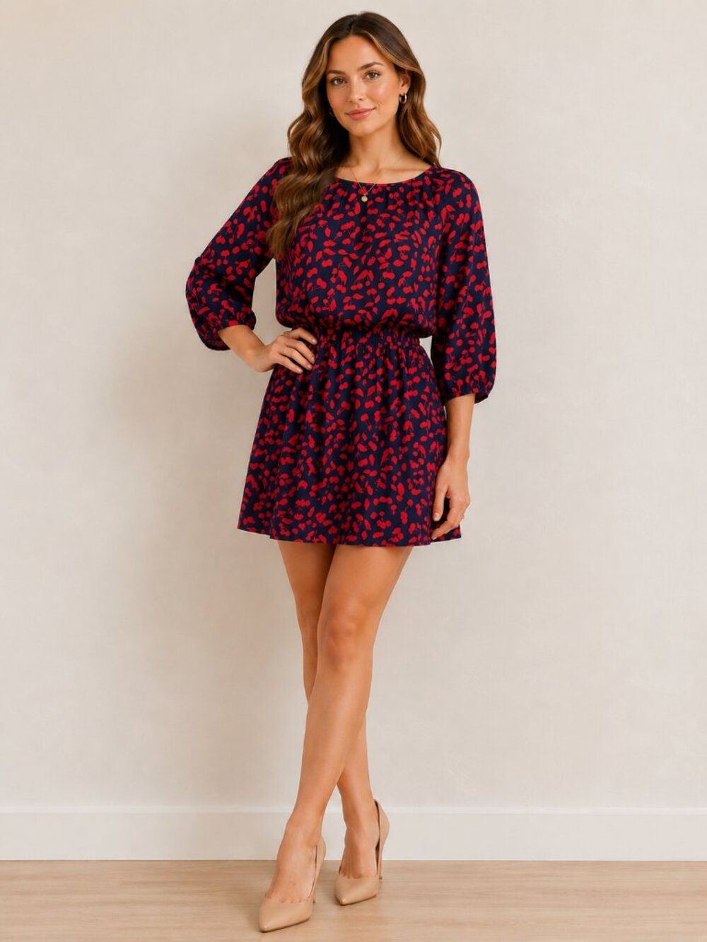 Joie Arryn B Cherry Print Blouson Mini Dress Navy Red Size S